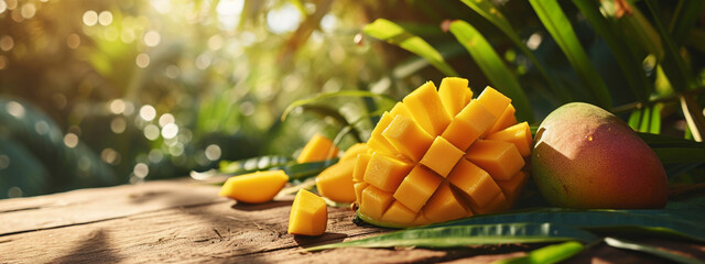 Fresh delicious sweet mangoes on a wooden background - obrazy, fototapety, plakaty