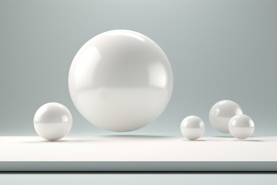  a group of white balls sitting next to each other on top of a white table next to a light gray wall and a gray wall with a light in the background.