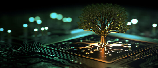 Ein Baum, der aus dem Prozessor einer Computerplatine sprießt. Symbolisiert Green Computing, Green Technology, CSR, IT-Ethik, grüne Hardware und das Konzept der umweltverträglichen Technologie