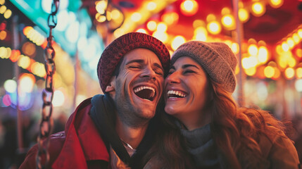 Fototapeta premium Two people laughing together at an amusement park, Valentine’s Day, date, couple, blurred background, with copy space