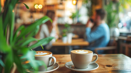 Two people enjoying a coffee date in a quaint café, Valentine’s Day, date, couple, blurred background, with copy space