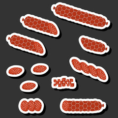 Illustration on theme big set different types delicatessen meat sausages