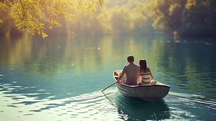 Foto op Canvas A couple on a romantic boat ride in a serene lake, Valentine’s Day, date, couple, blurred background, with copy space © Катерина Євтехова