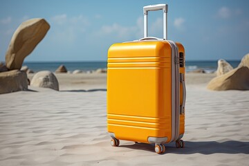 Bright yellow suitcase on sandy beach with clear sky, symbolizing travel and vacation.