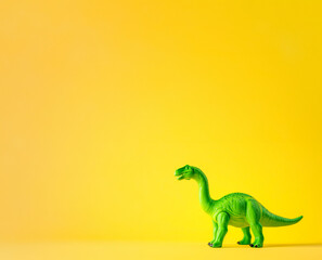 a bright green toy dinosaur standing against a vivid yellow backdrop