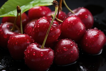  a bunch of cherries sitting on top of a black surface with water droplets on the surface and a green leaf sticking out of the top of the cherries.