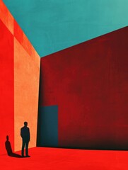 a man standing by an abstract red building 