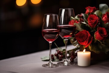 Romantic Evening With Red Wine and Roses by Candlelight