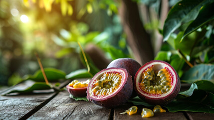 Fresh passion fruit on a wooden background. Tropical fruits