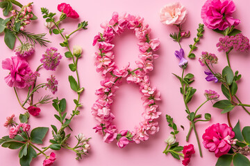 International Women's Day. Banner, flyer, beautiful postcard for March 8. Flowers and butterflies in the shape of the number eight on a pink background.