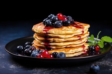  a stack of pancakes with blueberries, raspberries, and syrup on a black plate with a sprig of mint on the side of blueberries.