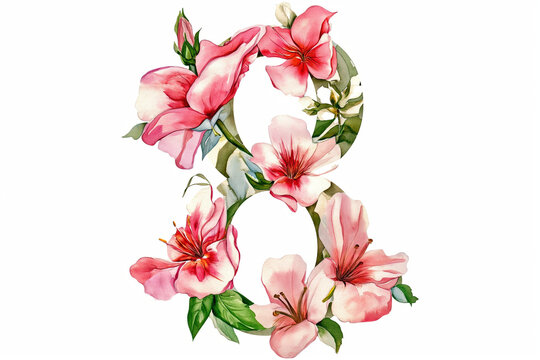 International Women's Day. Banner, flyer, beautiful postcard for March 8. Flowers and butterflies in the shape of the number eight on a pink background.