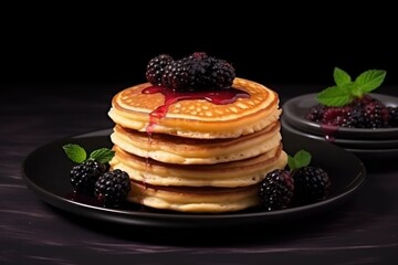  a stack of pancakes sitting on top of a black plate with berries on top of it and syrup drizzled on top of the top of the pancakes.