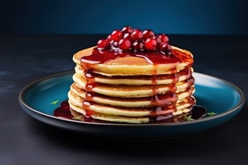  a stack of pancakes with syrup and pomegranates on a blue plate on a black tablecloth with a blue plate holding a stack of pancakes with syrup and pomeal.