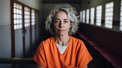 Middle aged woman in prison uniform sits behind bars in dark prison for criminal acts leaving free life. Fair punishment of perpetrator for prohibited events. Woman angry face and hatred of female - obrazy, fototapety, plakaty