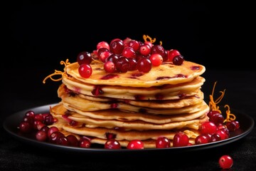 a stack of pancakes with cranberry toppings on a black plate surrounded by cranberries and orange zest on a black table with a black background.