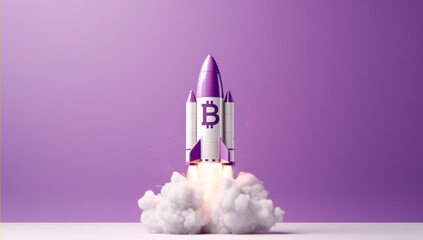 Bitcoin spaceship launching on empty background. Ai generative illustration