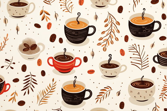 Coffee drink seamless pattern, drawing, design for coffee shop decoration, wallpaper, background.