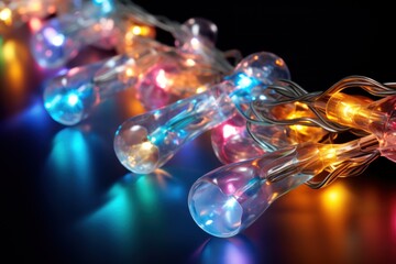  a close up of a string of lights on a black background with a reflection of the lights on the string and the string of lights on the end of the string.