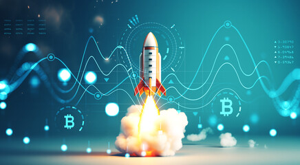 Rocket launch, financial data and bitcoin graphs. Ai generative illustration