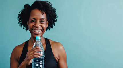 Happy mature black african american woman in fitness clothing holding a bottle of water, active...