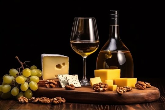  a bottle of wine, a glass of wine, cheese and nuts on a wooden board with a bottle of wine and a glass of wine on a black background.