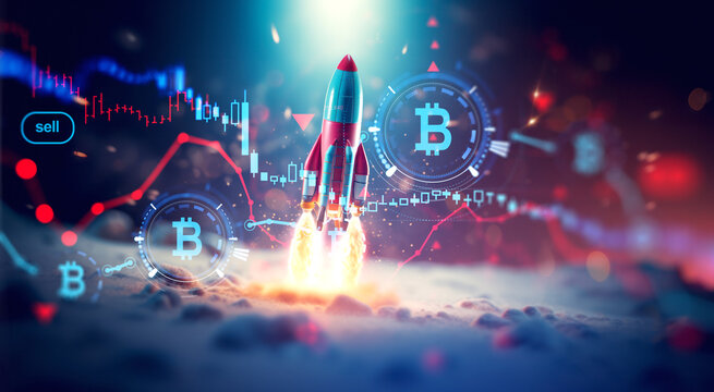 Rocket flying, bitcoin graph and growing lines. Ai generative illustration