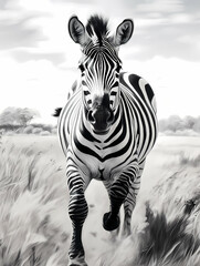 A Black And White Zebra Is Running, A Zebra Running Through Tall Grass