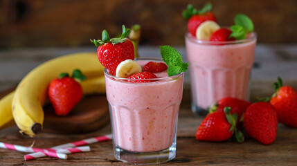 strawberry-banana fresh on a wooden background.