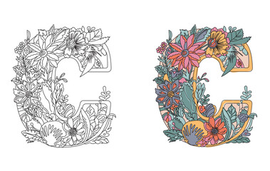 Floral alphabet. Letter C. Coloring book for adults