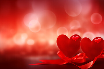 Glowing bokeh background with red hearts and ribbon