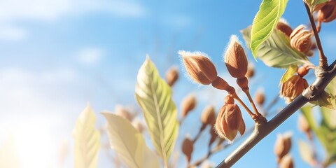 chestnut bud opens in spring on blue sky background, sunshine on chestnut tree closeup, chestnut extract against venous disorders and rheumatism for pharmacy concept with text space  - obrazy, fototapety, plakaty
