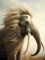 An Elephant Covered With Long Slender Hair, A Large Elephant With Long Tusks
