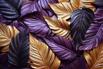 a close up of a bunch of purple and gold leaves on a bed of other purple and gold leaves on a bed of purple and gold leaves on a bed of purple.