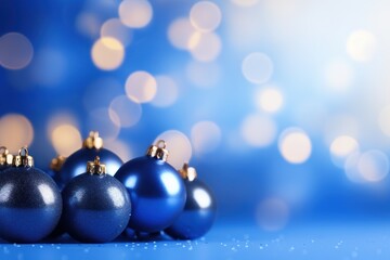  a group of blue christmas ornaments sitting on top of a blue counter top next to a blue and white boke of lights in the back of a blue background.