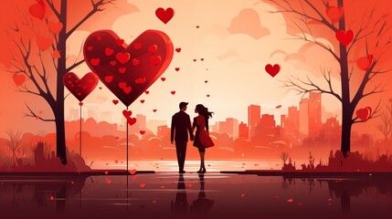  silhouette couple in the forest next to hearts and love hearts, in the style of richly detailed backgrounds, red and pink, illustration 