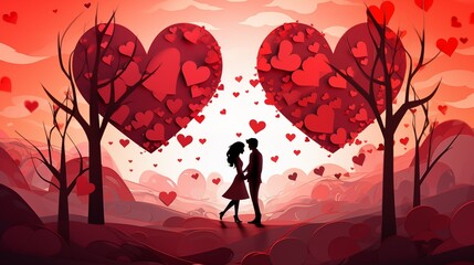  silhouette couple in the forest next to hearts and love hearts, in the style of richly detailed backgrounds, red and pink, illustration 