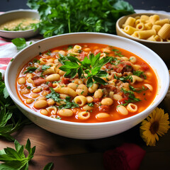Close up pasta Fagioli soup in a white bowl with fresh herbs.