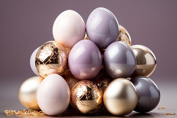  a bunch of different colored eggs sitting on top of a pile of gold and silver eggs on top of a gray surface with a gold chain on the bottom of the eggs.