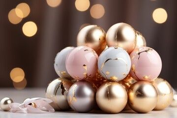  a pile of christmas ornaments sitting on top of a table next to a pink and gold christmas ornament on top of a white and gold christmas ornament.