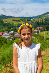 Children against the background of mountains. Selective focus.