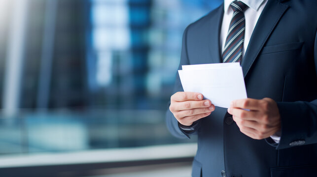 Company boss in sharp attire presents important white paper amidst office ambience
