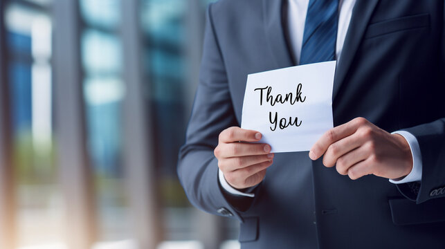 Half body of employee in formal attire expressing thanks on white paper