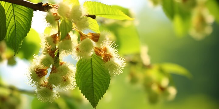 closeup of chestnut tree blossoms in sunhine, flowering green springtime idyll, natural concept for chestnut remedy or beauty in spring nature 
