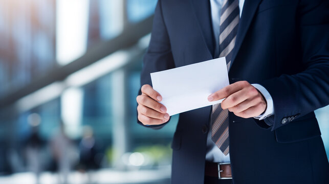Company boss in sharp attire presenting white paper against office backdrop