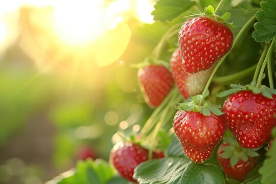 Close up strawberries in the garden at sunrise