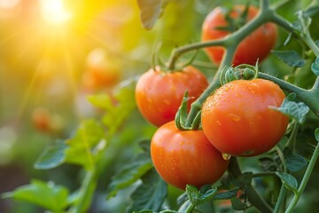 Close-up tomatoes in the garden at sunrise