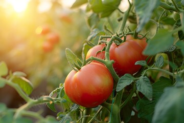 Close-up tomatoes in the garden at sunrise