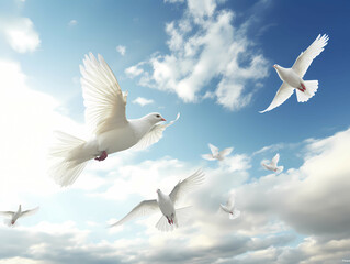 A Flock Of White Doves Flying, A Group Of White Birds Flying In The Sky