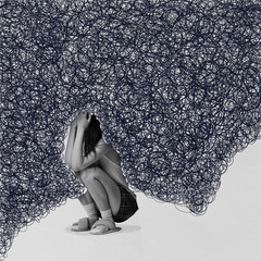Contemporary art collage. Young girl sits in fog of scribbles symbolizing her obsessive negative...